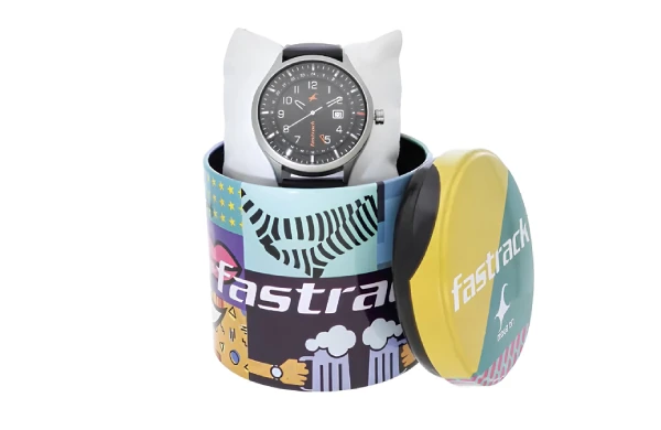 Fastrack NN3205TL02 Titanium Quartz Analog Date Grey Dial Leather Strap Watch